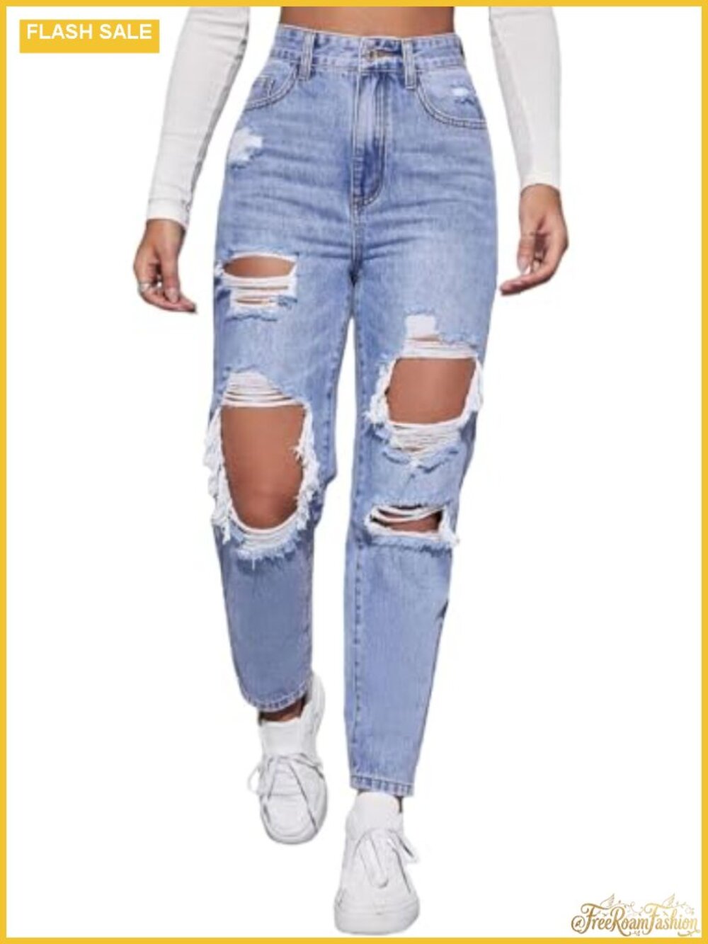 High Waist Boyfriend Straight Leg Ripped Distressed Denim Jeans